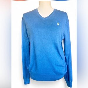 Polo Ralph Lauren 100% Pima Cotton Blue V Neck Sweater Small Yellow Pony